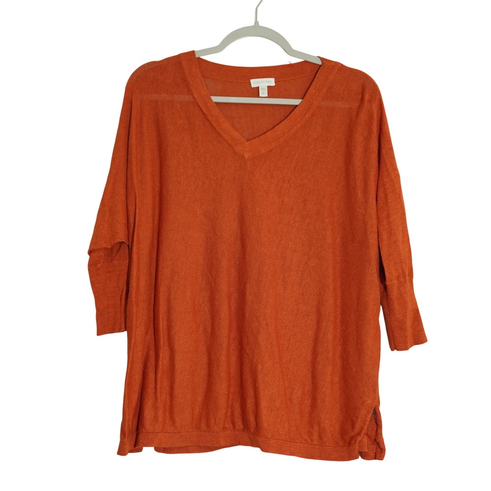 Garnet Hill Size XS Dark Orange 100% Linen V-Neck Sweater 3/4 Sleeve Fall Casual